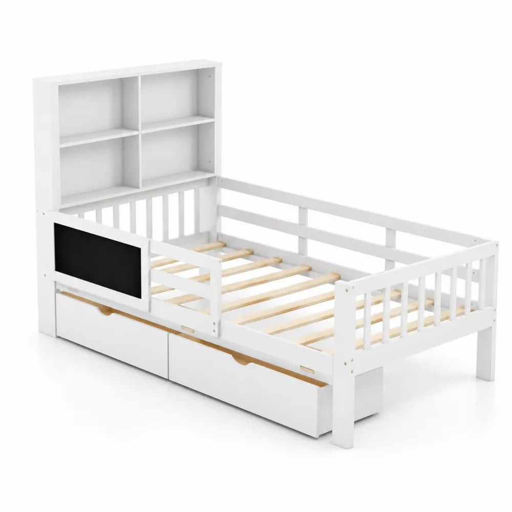 Letto singolo in legno di pino con libreria e cassetti 204