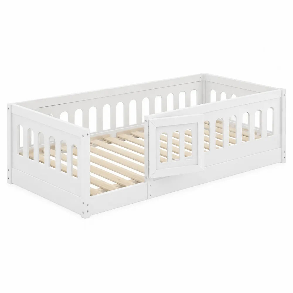 Letto singolo in legno massello con recinzione per bambini Bianco