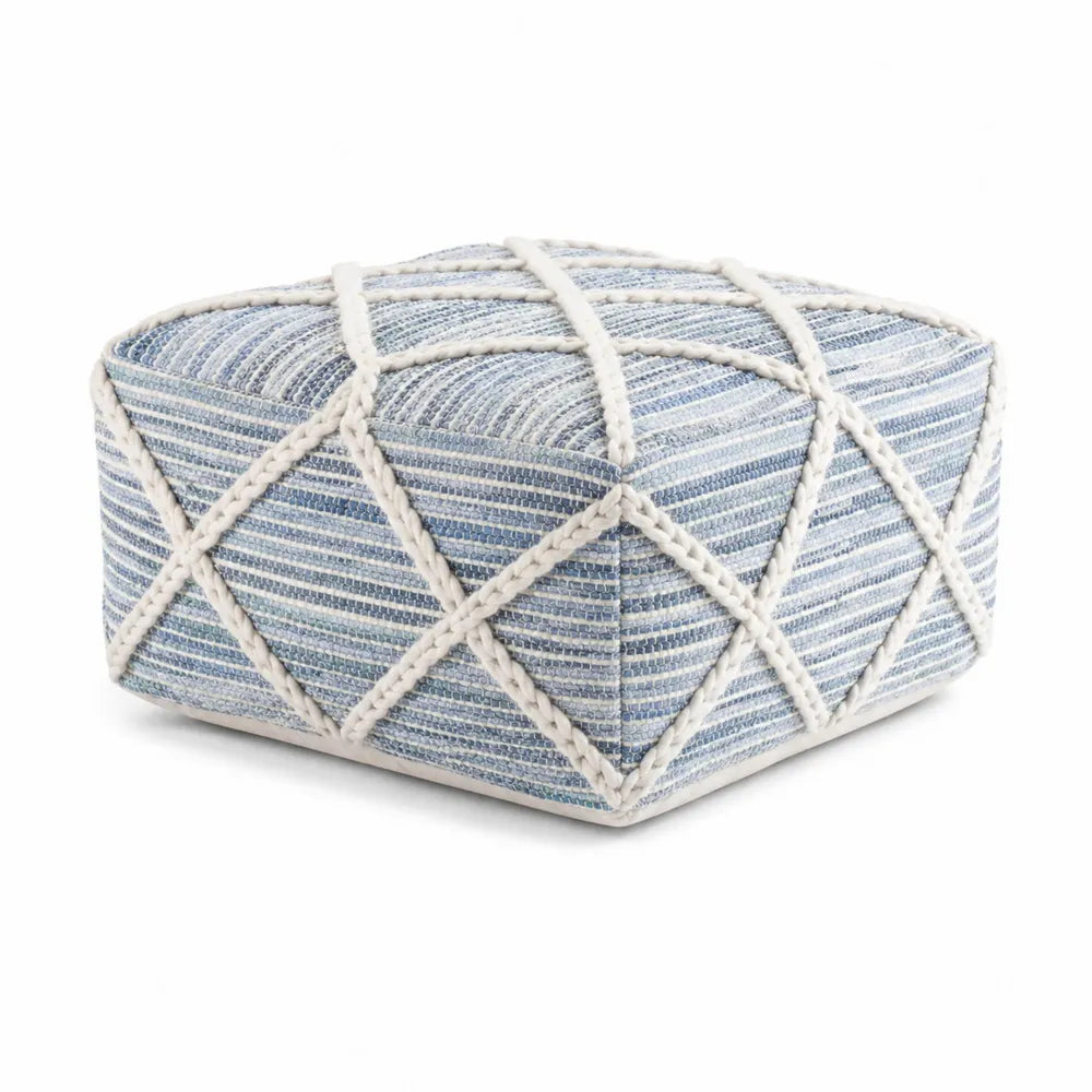 Pouf quadrato in cotone a righe blu e bianco con dettagli i